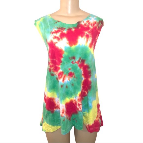 Deconstructed Tie Dye Handmade Hippie Braided Back Open Edge Tank Top - Picture 1 of 4